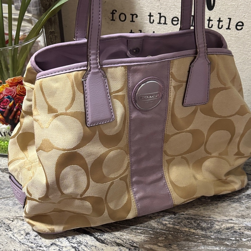 Coach Tan and Lavender Tote Bag